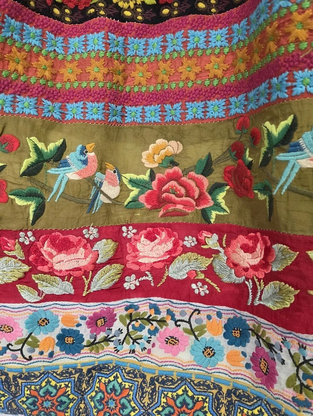 Johnny Was Embroidered Silk Floral Bird Tote Bag Purse